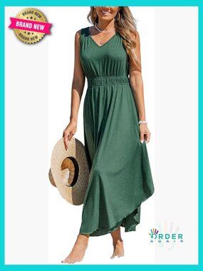 Sleeveless V Neck Maxi Dress Summer Casual Flowy Elastic Waist Long
